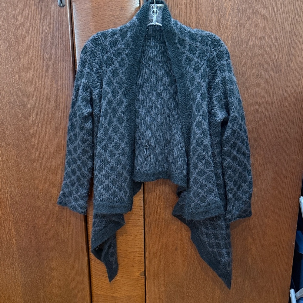 Mohair Blend Open Elegant Cardigan in Black and Grey Diamond Pattern